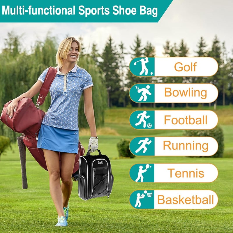 WOLT |Golf Shoe Bag for Travel- Zippered Shoes Carrier Bags with Ventilation & Double Outside Accessory Pocket for Socks, Tees, Golf Balls, etc. for women and men (Black) - Image 5